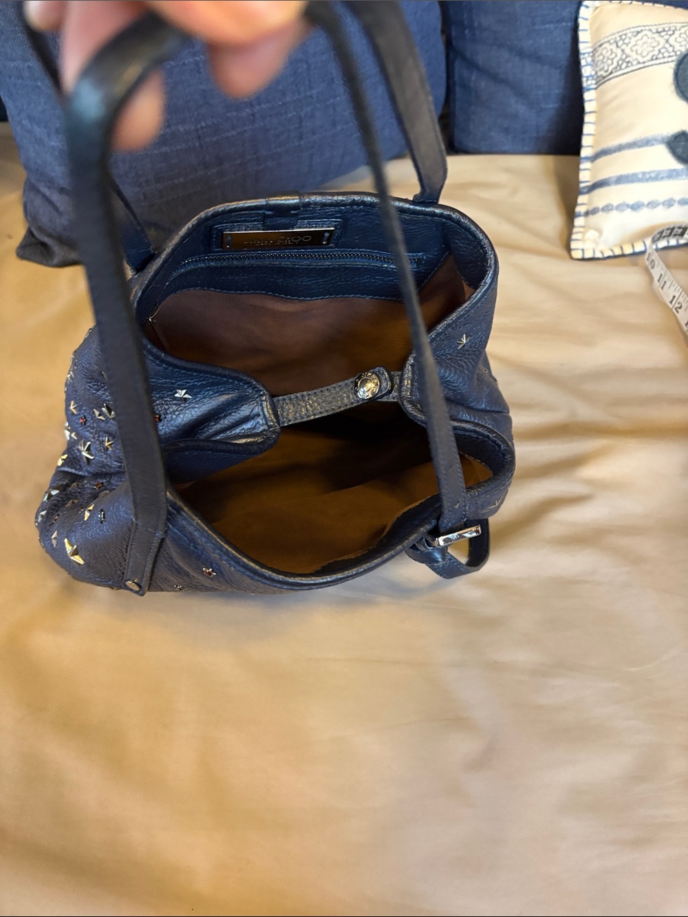 RARE Jimmy Choo Pebbled Navy Leather StarStud Shoulder Bag Red Jewel Star accent - Picture 16 of 16